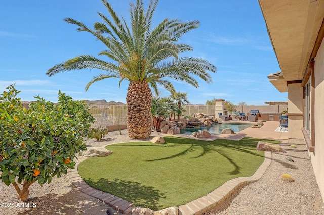 view of yard featuring a patio area, a fenced backyard, and a fenced in pool