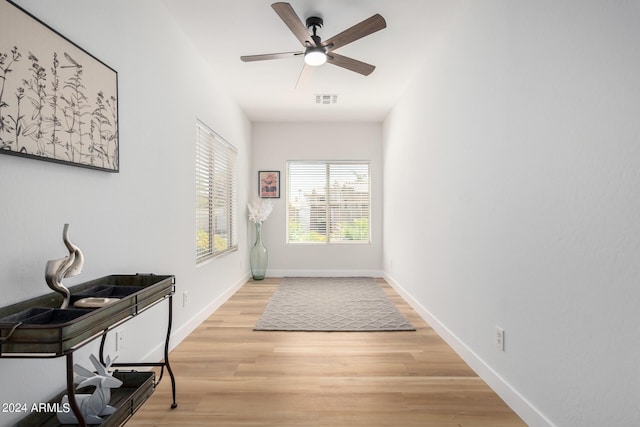 doorway with ceiling fan and wood-type flooring