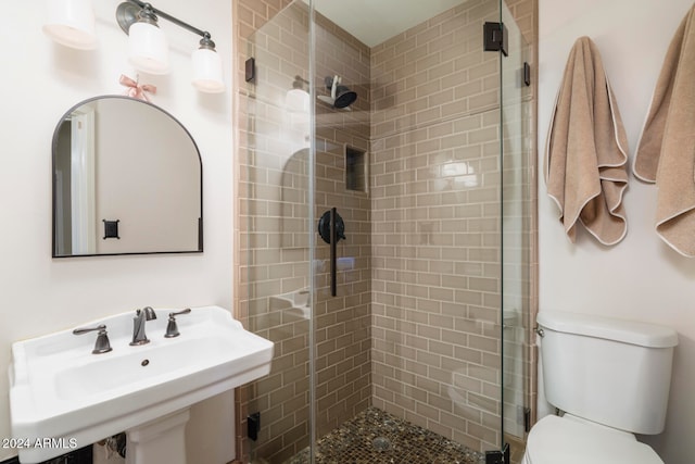 bathroom with sink, toilet, and a shower with shower door