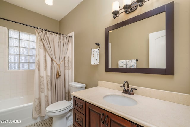 full bathroom with toilet, vanity, shower / bathtub combination with curtain, and tile patterned floors