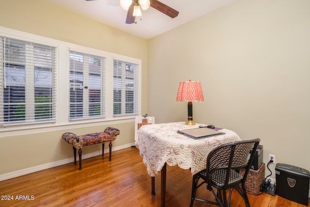 office area featuring ceiling fan and hardwood / wood-style flooring