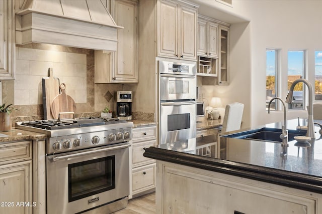 kitchen with tasteful backsplash, sink, premium range hood, and appliances with stainless steel finishes