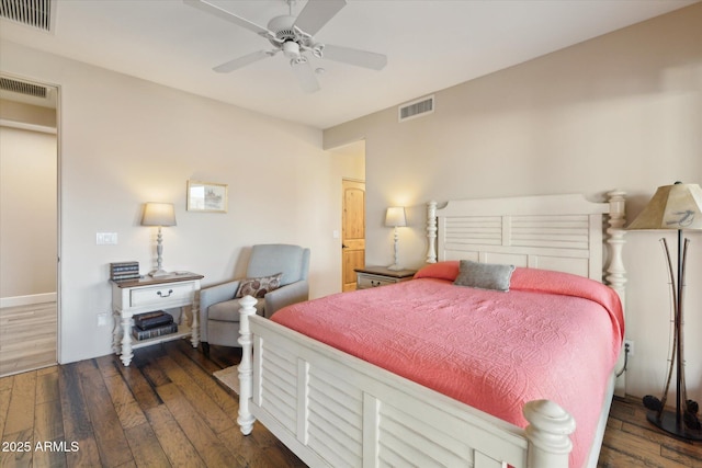 bedroom featuring dark wood-type flooring and ceiling fan