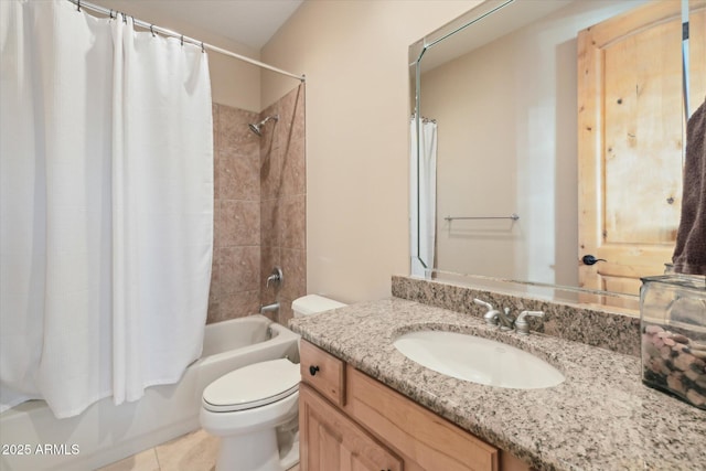 full bathroom with shower / bathtub combination with curtain, vanity, tile patterned floors, and toilet