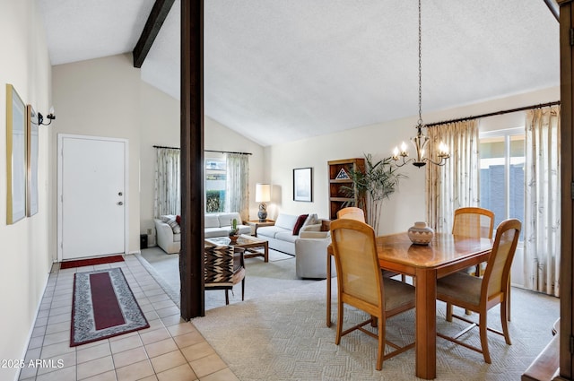 tiled dining area with beam ceiling, high vaulted ceiling, a textured ceiling, and a notable chandelier