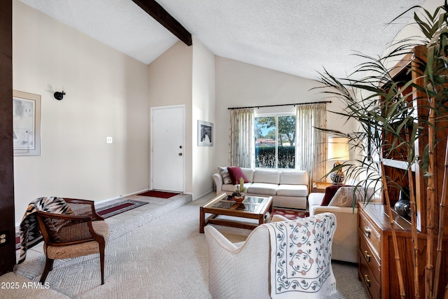 living room featuring beamed ceiling, high vaulted ceiling, light carpet, and a textured ceiling