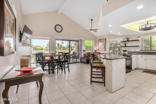 kitchen with open shelves, ceiling fan, dark countertops, beam ceiling, and black / electric stove