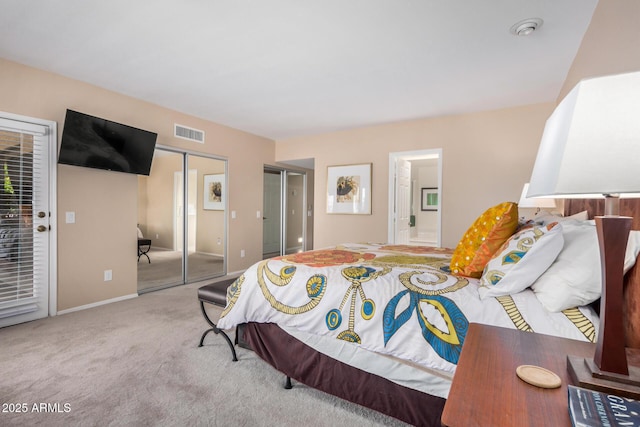 bedroom with visible vents, a closet, baseboards, access to outside, and carpet