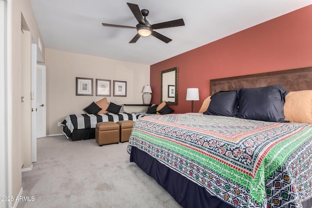 bedroom featuring baseboards, carpet, and a ceiling fan