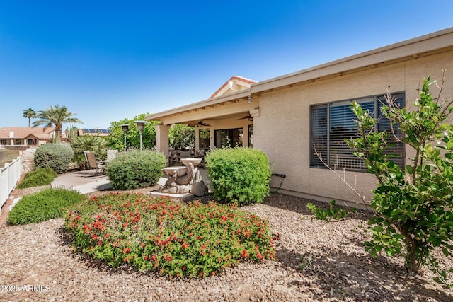 back of property with a patio, fence, a ceiling fan, and stucco siding
