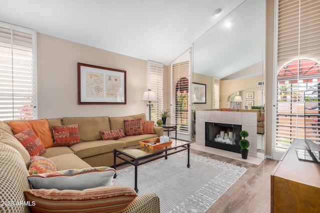 living room featuring wood finished floors, vaulted ceiling, and a fireplace