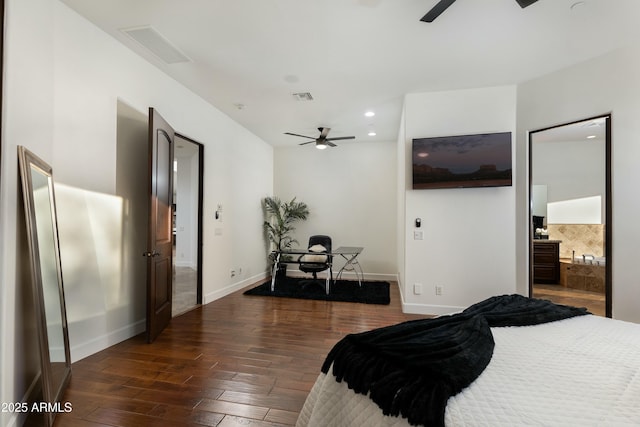 bedroom featuring baseboards, visible vents, dark wood-type flooring, and recessed lighting