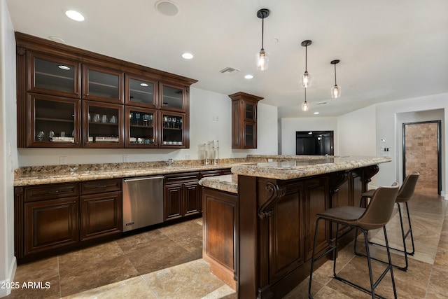 bar with refrigerator, decorative light fixtures, recessed lighting, visible vents, and stainless steel dishwasher