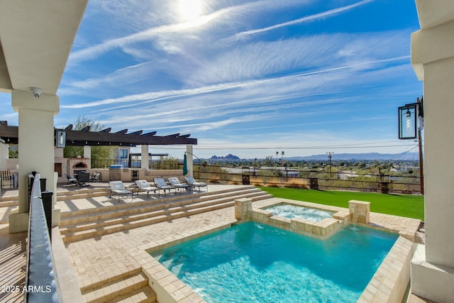 view of pool featuring a patio, an in ground hot tub, fence, a fenced in pool, and a pergola