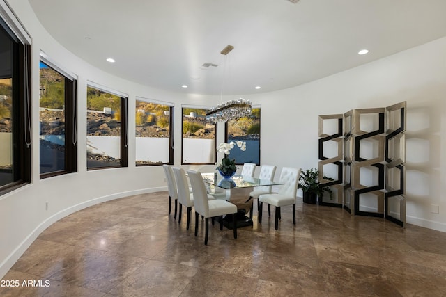 dining space with recessed lighting, visible vents, and baseboards