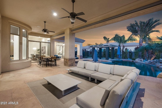 815 E County Down Dr, Chandler, AZ 85249 - view of patio / terrace with ceiling fan, outdoor dining space, an outdoor living space, and an outdoor pool