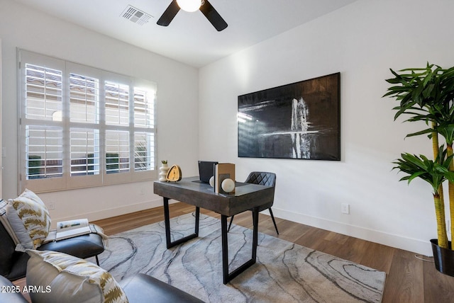 815 E County Down Dr, Chandler, AZ 85249 - office featuring a ceiling fan, baseboards, visible vents, and wood finished floors