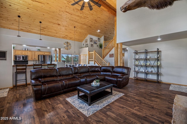 2295 Bison Ranch Trl, Overgaard, AZ 85933 - living room featuring high vaulted ceiling, stairway, dark wood-style floors, and ceiling fan