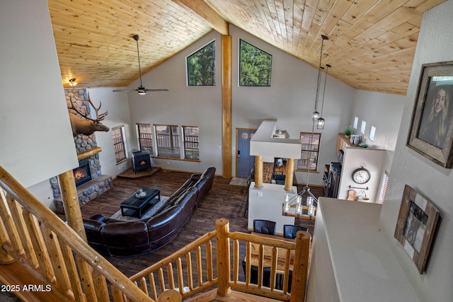 2295 Bison Ranch Trl, Overgaard, AZ 85933 - living room with a fireplace, high vaulted ceiling, wood finished floors, wood ceiling, and ceiling fan