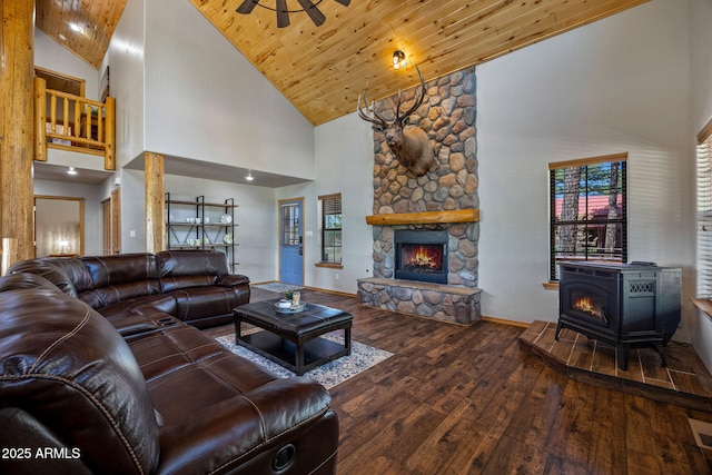 2295 Bison Ranch Trl, Overgaard, AZ 85933 - living area featuring high vaulted ceiling, hardwood / wood-style flooring, a fireplace, and wood ceiling