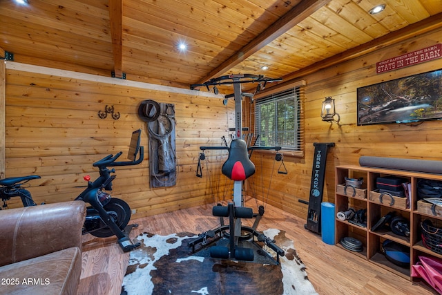 2295 Bison Ranch Trl, Overgaard, AZ 85933 - exercise area with wooden ceiling, wood walls, and wood finished floors