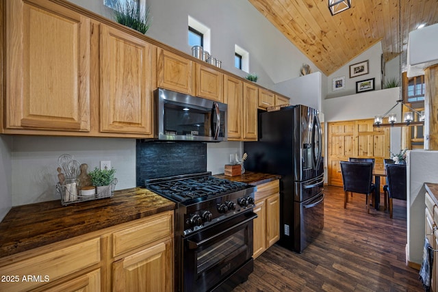 2295 Bison Ranch Trl, Overgaard, AZ 85933 - kitchen featuring black appliances, high vaulted ceiling, dark wood-type flooring, wood ceiling, and butcher block counters