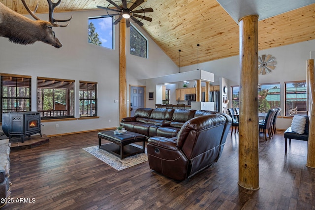 2295 Bison Ranch Trl, Overgaard, AZ 85933 - living area featuring high vaulted ceiling, a wood stove, ceiling fan, healthy amount of natural light, and wood ceiling