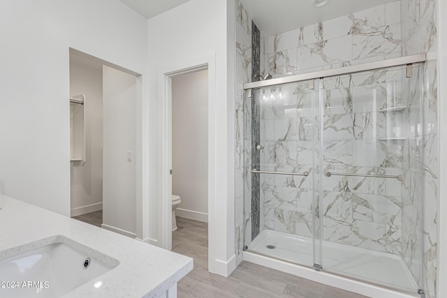 bathroom with vanity, hardwood / wood-style flooring, a shower with shower door, and toilet