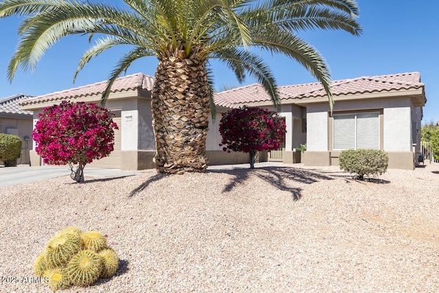 ranch-style house featuring a garage, a tiled roof, and stucco siding