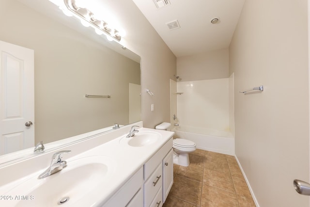 full bathroom with toilet, shower / tub combination, tile patterned flooring, and vanity