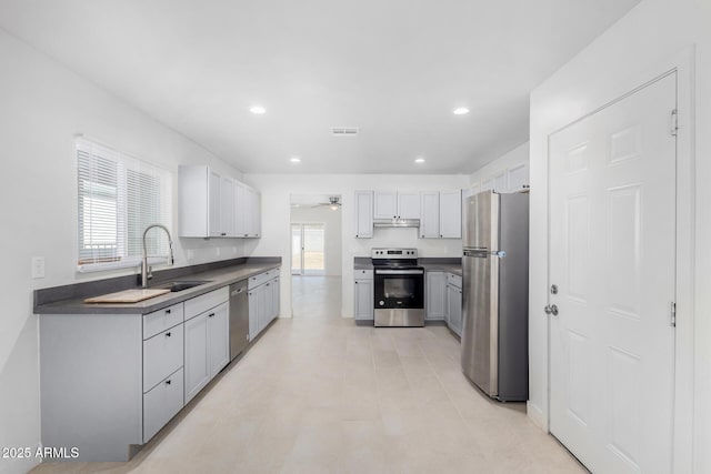 kitchen with sink, ceiling fan, a wealth of natural light, and appliances with stainless steel finishes