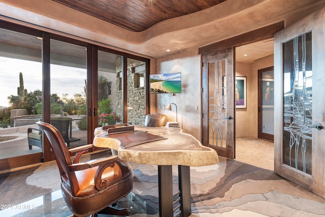 home office featuring french doors, wooden ceiling, and light tile floors