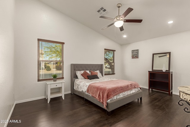 bedroom featuring visible vents, recessed lighting, lofted ceiling, baseboards, and dark wood-style floors