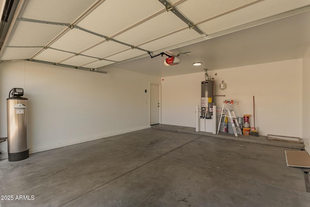 garage featuring water heater and a garage door opener