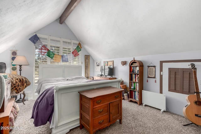 carpeted bedroom with a textured ceiling and lofted ceiling with beams