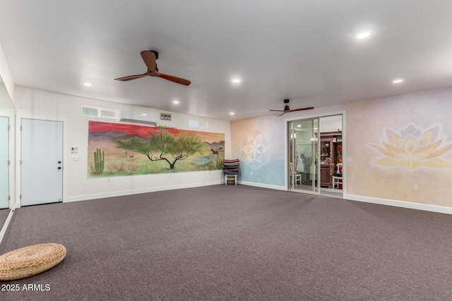 unfurnished living room with ceiling fan and carpet flooring