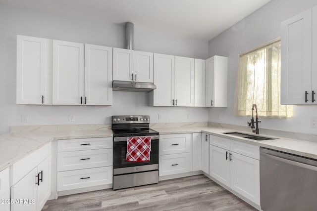 kitchen featuring white cabinets, light wood-type flooring, appliances with stainless steel finishes, and sink