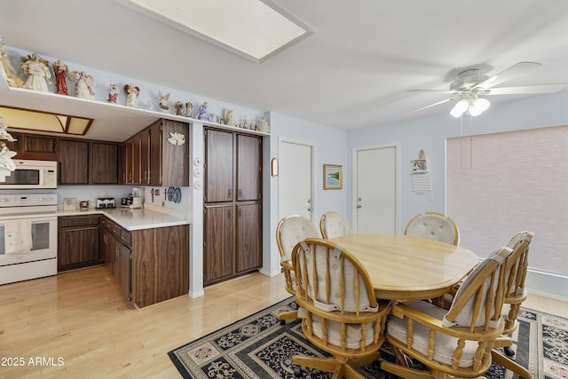 dining area featuring ceiling fan and light hardwood / wood-style flooring