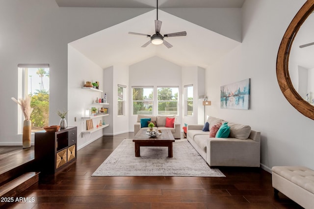 9921 E Doubletree Ranch Rd, Scottsdale, AZ 85258 - living room with high vaulted ceiling, dark wood-style flooring, and a ceiling fan