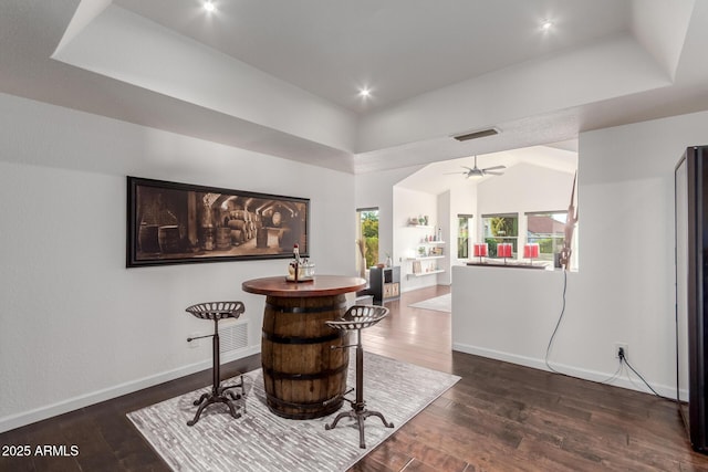 9921 E Doubletree Ranch Rd, Scottsdale, AZ 85258 - bar with a tray ceiling, wood finished floors, ceiling fan, and recessed lighting
