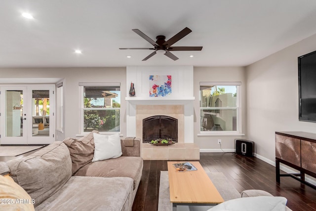 9921 E Doubletree Ranch Rd, Scottsdale, AZ 85258 - living area featuring a ceiling fan, dark wood-type flooring, recessed lighting, plenty of natural light, and french doors
