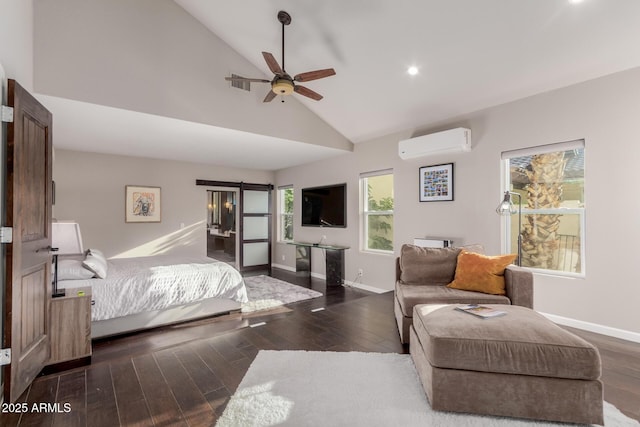 9921 E Doubletree Ranch Rd, Scottsdale, AZ 85258 - bedroom featuring an AC wall unit, wood finished floors, recessed lighting, high vaulted ceiling, and a ceiling fan