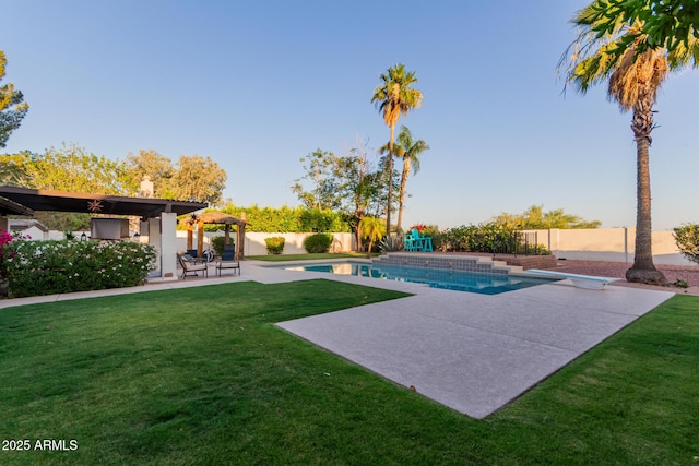 9921 E Doubletree Ranch Rd, Scottsdale, AZ 85258 - view of swimming pool with a patio, a diving board, and a fenced backyard