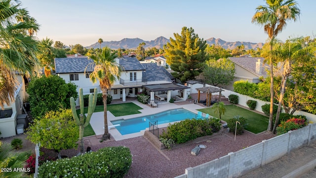 9921 E Doubletree Ranch Rd, Scottsdale, AZ 85258 - view of pool with a gazebo, a fenced backyard, a mountain view, and a patio
