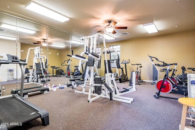 gym featuring visible vents and a ceiling fan