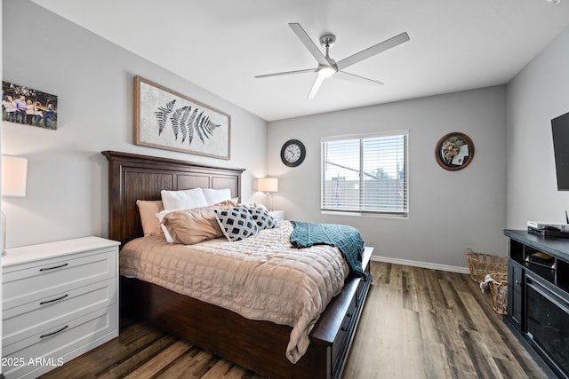 bedroom with ceiling fan and dark wood-type flooring