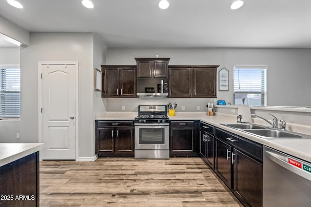 kitchen featuring dark brown cabinetry, appliances with stainless steel finishes, sink, and light hardwood / wood-style flooring