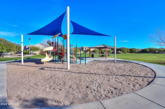 view of jungle gym featuring a gazebo and a yard