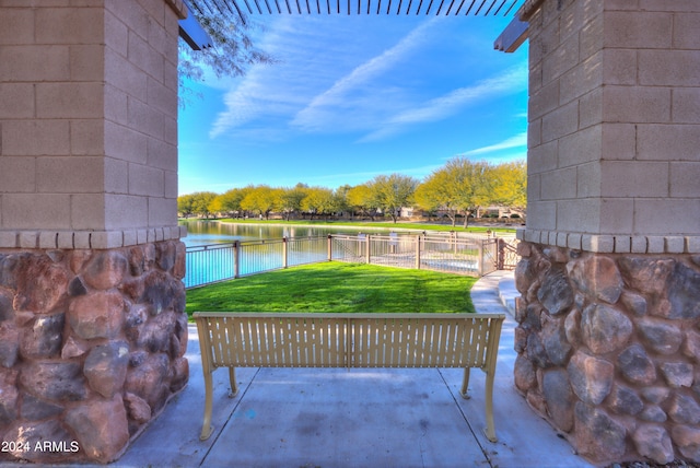 view of patio / terrace featuring a water view