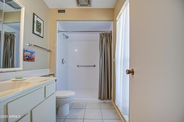 full bathroom featuring toilet, vanity, visible vents, and tile patterned floors